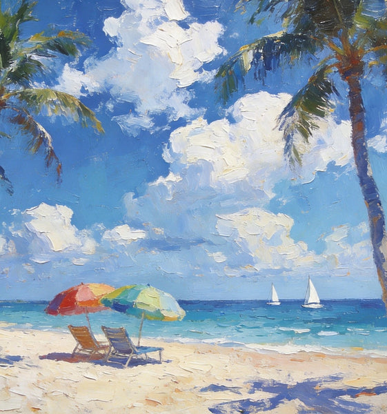 Florida Beach Scenery, Summer Resort Paintings, Hand Painted Canvas Art, Original Landscape Paintings, Heavy Texture Artwork, Small Oil Paintings, Buy Painting Online-Grace Painting Crafts
