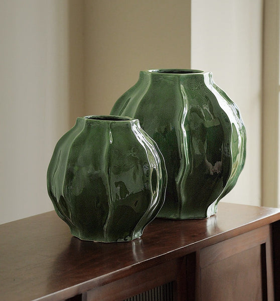 Large Contemporary Vases on Dining Table, Handmade Modern Flower Vase, Centerpiece Ceramic Bouquet Vases, Green Porcelain Vases for Modern Home Decor-Grace Painting Crafts