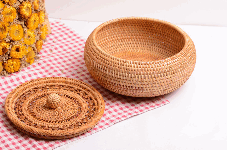 Woven Storage Basket with Lid, Lovely Rattan Round Storage Basket, Round Storage Basket for Kitchen-Grace Painting Crafts