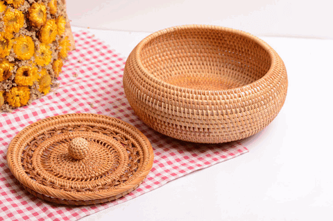 Woven Storage Basket with Lid, Lovely Rattan Round Storage Basket, Round Storage Basket for Kitchen-Grace Painting Crafts