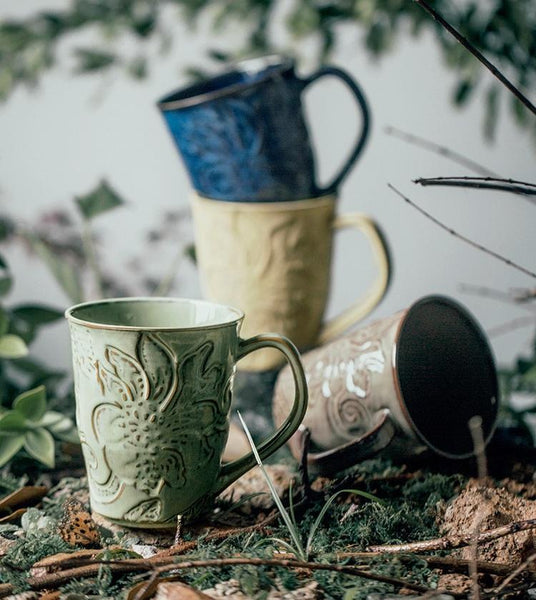Green Ceramic Coffee Mug, Birthday Gifts, Stoneware Coffee Mugs, Handmade Pottery Coffee Mug, Large Capacity Coffee Cups-Grace Painting Crafts