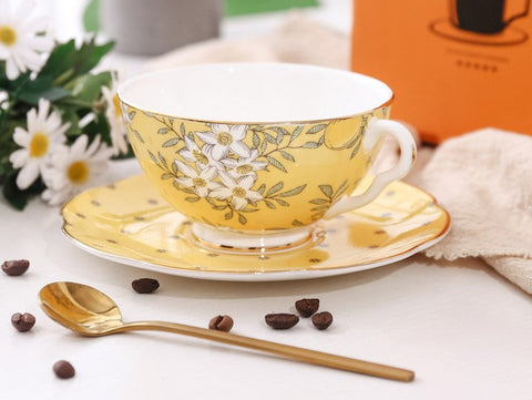Creative Yellow Ceramic Coffee Cups, Unique Flower Coffee Cups and Saucers, Beautiful British Tea Cups, Creative Bone China Porcelain Tea Cup Set-Grace Painting Crafts