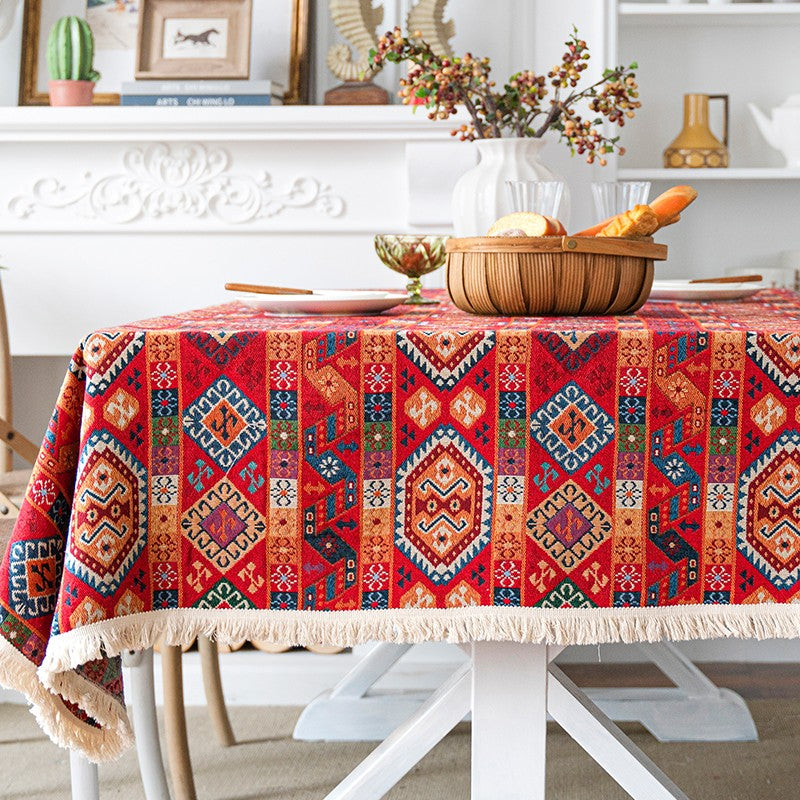 Oriental Red Rectangular Table Covers for Coffee Table, Bohemian Rectangular Tablecloth for Oval Table, Large Modern Linen Tablecloths-Grace Painting Crafts