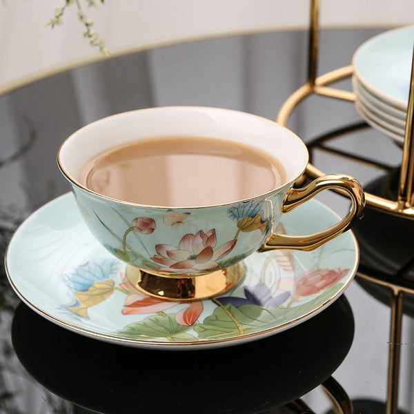 Unique British Tea Cup and Saucer in Gift Box, Lotus Flower Porcelain Tea Cup Saucer Set, Elegant British Ceramic Coffee Cups-Grace Painting Crafts