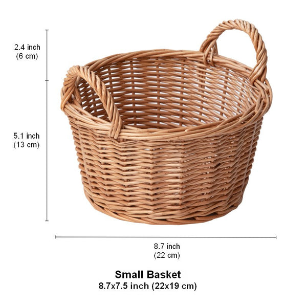 Large Picnic Fruit Basket with Handle, Natural Hand-woven Wicker Round Storage Basket, Lovely Willow Weaving Baskets for Vegetable, Natural Fruit Storage Basket, Kitchen Storage Baskets-Grace Painting Crafts