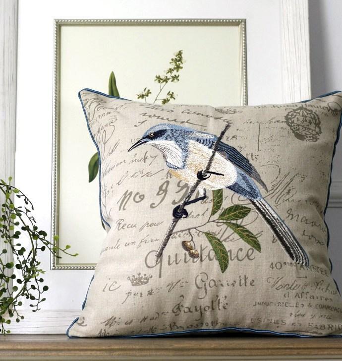 Decorative Throw Pillows for Couch, Bird Embroidery Pillows, Cotton and Linen Pillow Cover, Rustic Sofa Throw Pillows-Grace Painting Crafts