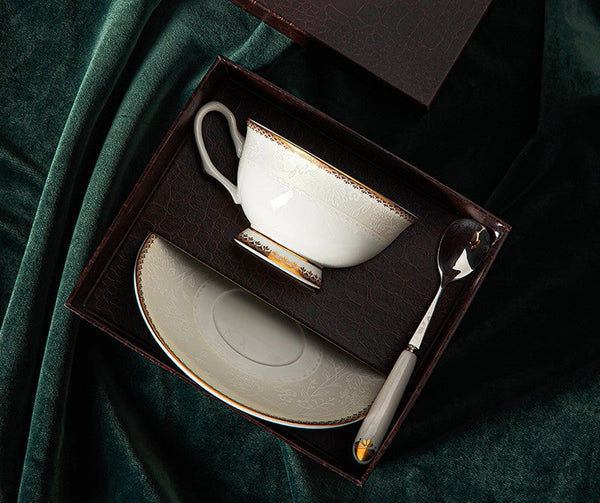 Elegant British Ceramic Coffee Cups, Bone China Porcelain Coffee Cup Set, White Ceramic Cups, Unique Tea Cup and Saucer in Gift Box-Grace Painting Crafts