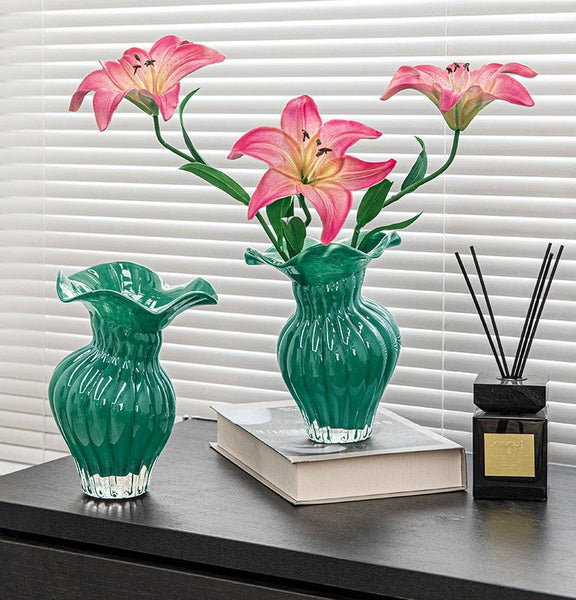 Contemporary Vases for Modern Home Decor, Unique Handmade Liuli Vases, Color Glaze Vase, Green Glass Bud Vases, Centerpiece Vases on Table-Grace Painting Crafts