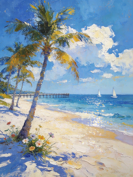 Small Oil Paintings, Sandy Beach Serenity, Palm Tree Beach Paintings, Canvas Paintings for Bedroom, Heavy Texture Artwork, Hand Painted Canvas Art, Original Landscape Paintings-Grace Painting Crafts