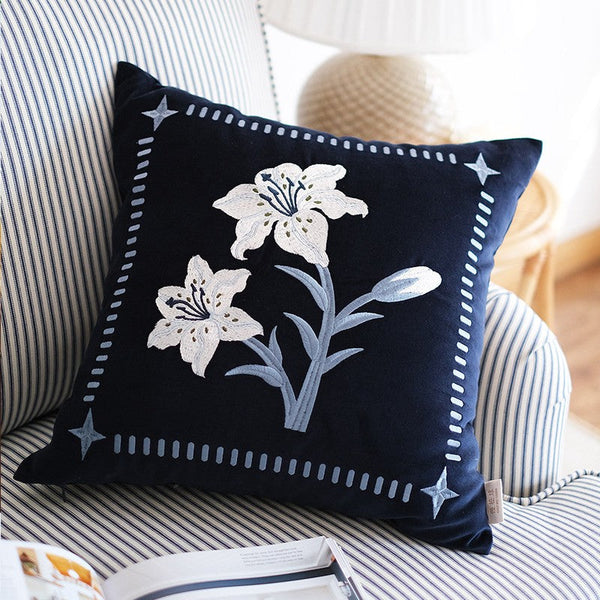 Dark Blue Lily Embroidered Cushion, Living Room Decorative Pillows, Decorative Pillow Arrangement Ideas for Couch, Large Decorative Pillows for Couch, Modern Throw Pillows for Bedroom-Grace Painting Crafts