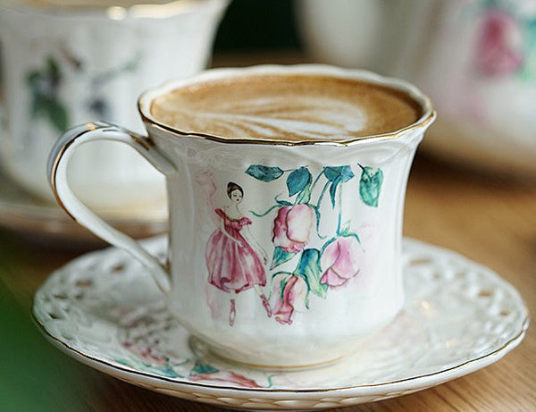 Elegant British Tea Cups, Beautiful Porcelain Tea Cup Saucer Set, Traditional English Tea Cup and Saucer, Unique Ceramic Coffee Cups-Grace Painting Crafts
