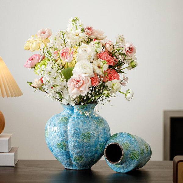 Centerpiece on Dining Table, Blue Flower Vase on Table, Handmade Water Holding Flower Vases, Pottery Flower Vases, Modern Bouquet Flower Vases-Grace Painting Crafts