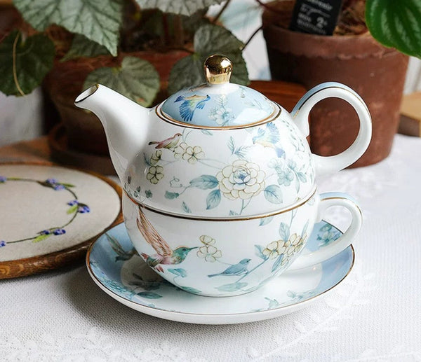 Stackable Teapot and Cup Set, Ceramic Tea Pot with Integrated Cup, Porcelain Teapot with Matching Cup and Saucer in Gift Box, Mother-and-Baby Teapot with Matching Saucer-Grace Painting Crafts
