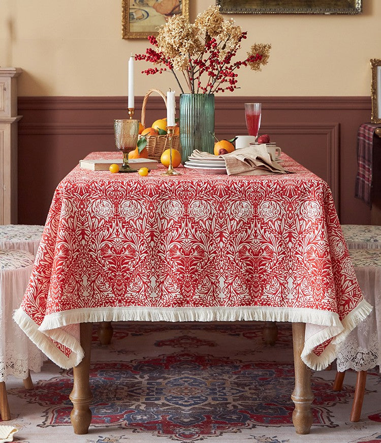 Large Fiberflax Rectangle Tablecloth for Home Decoration, Red Flower Pattern Tablecloth for Holiday Decoration, Square Tablecloth for Round Table-Grace Painting Crafts