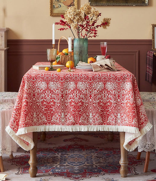 Large Fiberflax Rectangle Tablecloth for Home Decoration, Red Flower Pattern Tablecloth for Holiday Decoration, Square Tablecloth for Round Table-Grace Painting Crafts