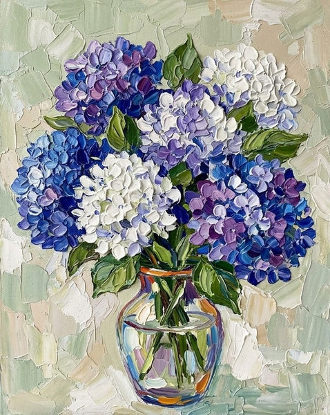 Original Oil Paintings, Blue and White Hydrangea Flowers in Glass Vase, Hand Painted Canvas Art, Original Flower Paintings, Small Canvas Art