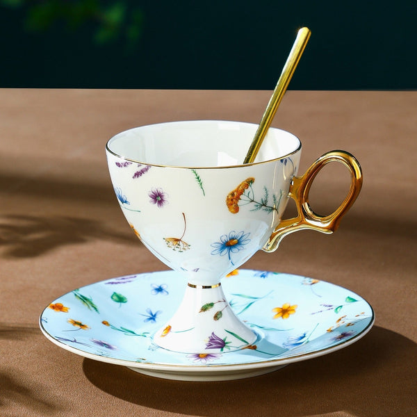 Elegant British Ceramic Coffee Cup with Saucer, 6.8 oz Tea Cup and Saucer Set in Gift Box, Floral Porcelain Tea Cup and Saucer Set, Flower Ceramic Tea Cup and Saucer-Grace Painting Crafts