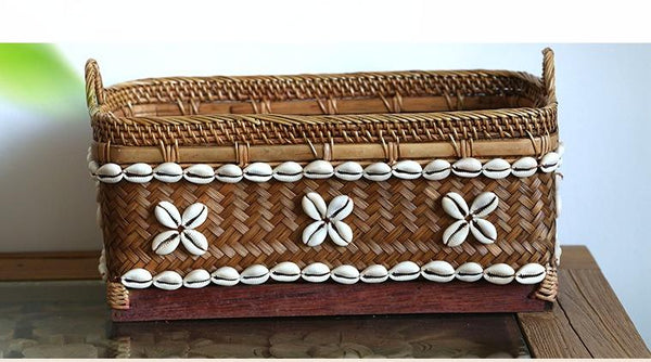 Indonesia Hand Woven Storage Basket, Natural Bamboo and Sea Shell Baskets-Grace Painting Crafts