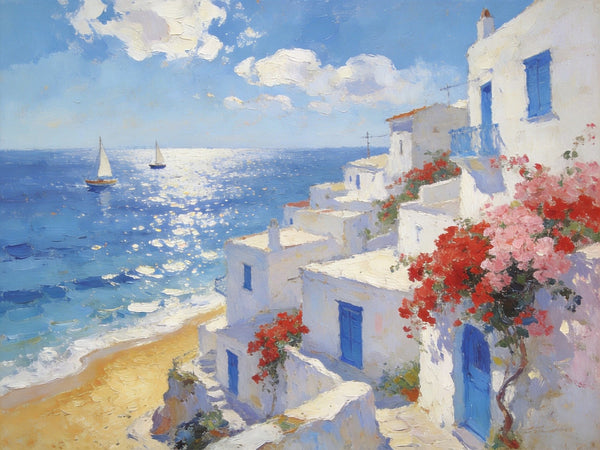Original Oil Paintings, Santorini's Seaside Symphony, Seashore Paintings, Summer Resort, Hand Painted Canvas Art, Small Canvas Paintings, Landscape Wall Art Paintings, Landscape Paintings for Living Room-Grace Painting Crafts