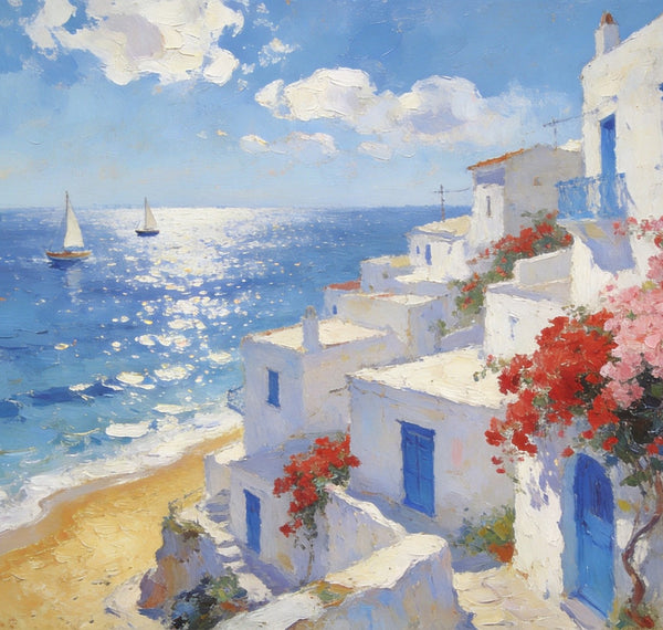 Original Oil Paintings, Santorini's Seaside Symphony, Seashore Paintings, Summer Resort, Hand Painted Canvas Art, Small Canvas Paintings, Landscape Wall Art Paintings, Landscape Paintings for Living Room-Grace Painting Crafts