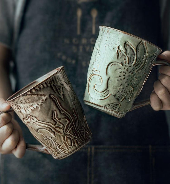 Green Ceramic Coffee Mug, Birthday Gifts, Stoneware Coffee Mugs, Handmade Pottery Coffee Mug, Large Capacity Coffee Cups-Grace Painting Crafts