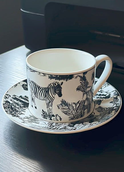 Royal Ceramic Cups, Elegant Ceramic Coffee Cups, 6.8 oz Tea Cup and Saucer in Gift Box, Zebra Jungle Porcelain Tea Cup Saucer Set-Grace Painting Crafts