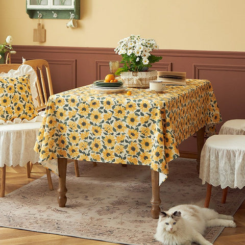 Modern Rectangle Tablecloth for Dining Room Table, Yellow Sunflower Pattern Farmhouse Table Cloth, Square Tablecloth for Round Table-Grace Painting Crafts