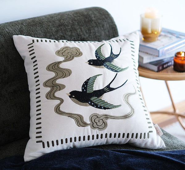 Luxury Decorative Pillows for Couch, Modern Throw Pillows for Couch, Vintage Decorative Pillows, Embroidered Swallow Birds Cushion, Decorative Pillow Arrangement Ideas for Bed-Grace Painting Crafts