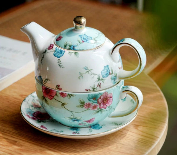 Porcelain Teapot with Matching Cup and Saucer in Gift Box, Stackable Teapot and Cup Set, Ceramic Tea Pot with Integrated Cup, Mother and Baby Teapot with Matching Saucer-Grace Painting Crafts