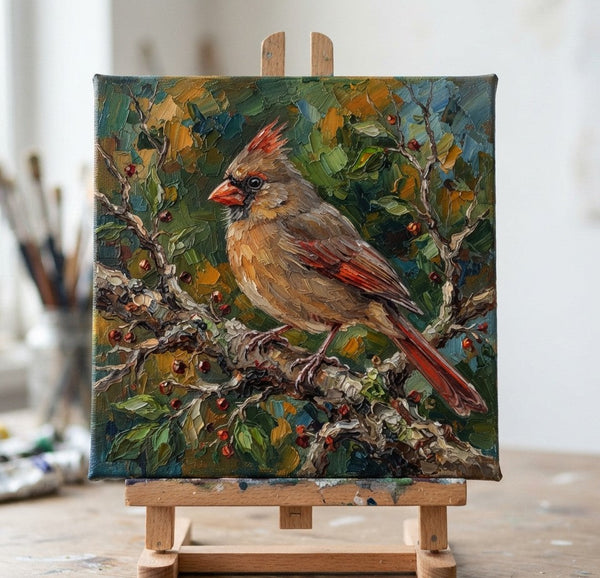 Hand Painted Canvas Art, Northern Cardinal Bird Painting, Small Art on Canvas, Original Oil Paintings, Heavy Texture Painting, Miniature Wall Art-Grace Painting Crafts