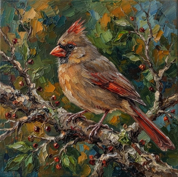 Hand Painted Canvas Art, Northern Cardinal Bird Painting, Small Art on Canvas, Original Oil Paintings, Heavy Texture Painting, Miniature Wall Art-Grace Painting Crafts