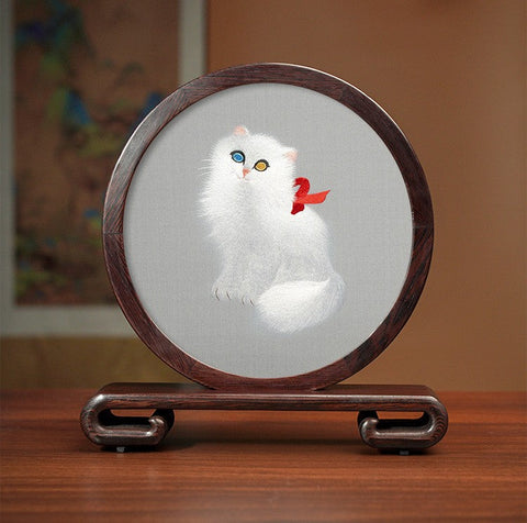 Exclusive Business Present, Lovely Kitty Cat Embroidered Decor, Premium Souvenir, Unique Birthday Gift, Traditional Chinese Suzhou Kitten Embroidery Ornament-Grace Painting Crafts