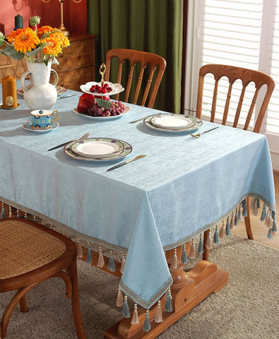 Light Blue Fringes Tablecloth for Home Decoration, Square Tablecloth for Round Table, Modern Rectangle Tablecloth, Large Simple Table Cloth for Dining Room Table-Grace Painting Crafts