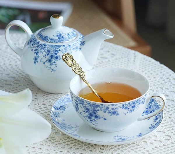 British Style Porcelain Teapot with Matching Cup and Saucer in Gift Box, Ceramic Tea Pot with Integrated Cup, Stackable Teapot and Cup Set, Mother-and-Baby Teapot with Matching Saucer-Grace Painting Crafts