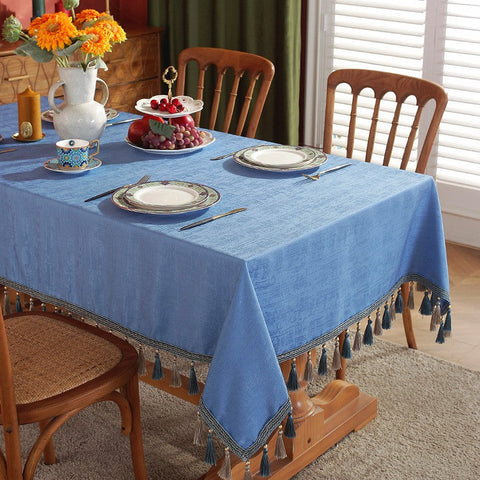 Modern Rectangle Tablecloth, Large Simple Table Cover for Dining Room Table, Square Tablecloth for Round Table, Blue Fringes Tablecloth for Home Decoration-Grace Painting Crafts