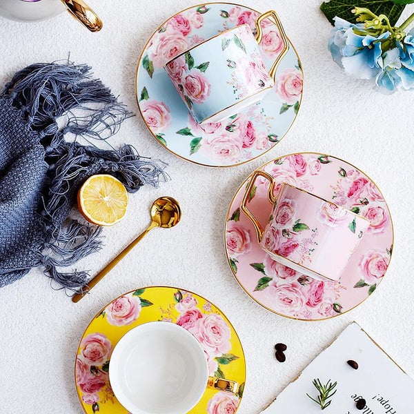 Porcelain Coffee Cups, British Tea Cups, Yellow Coffee Cups with Gold Trim and Gift Box, Rose Flower Tea Cup and Saucer, Latte Coffee Cups-Grace Painting Crafts