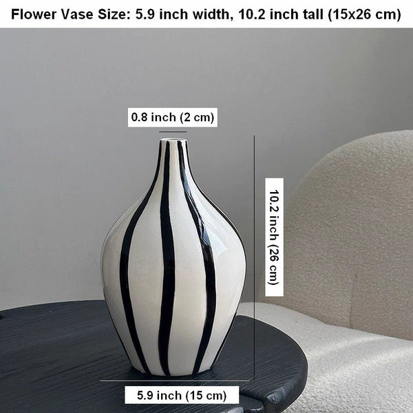 Water Holding Flower Vases, Black and White Striped Ceramic Vase, Porcelain Flower Vases, Modern Flower Vases on Table-Grace Painting Crafts