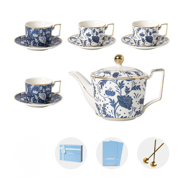Traditional Afternoon Tea Blue Porcelain Tea Cup and Saucer Set, British Traditional Afternoon Tea Cup Set with Teapot, Ceramic Coffee Cup with Saucer in Gift Box