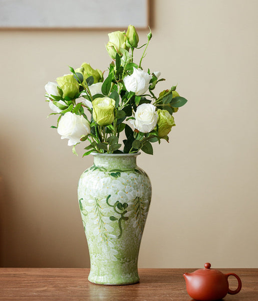 Large Flower Vases on Table, Green Porcelain Flower Vases, Centerpiece Ceramic Bud Vases, Handmade Water Holding Flower Vase-Grace Painting Crafts