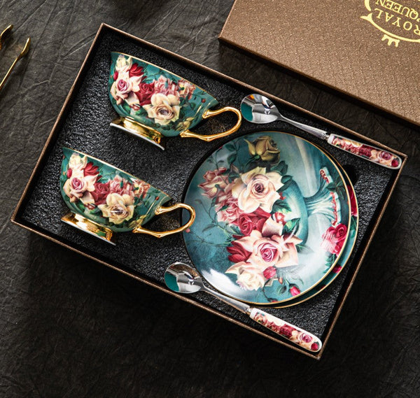 Rose Royal Ceramic Cups, Elegant Flower Ceramic Coffee Cups, Afternoon Porcelain Tea Cup Saucer Set, 6.8 oz Tea Cup and Saucer in Gift Box-Grace Painting Crafts
