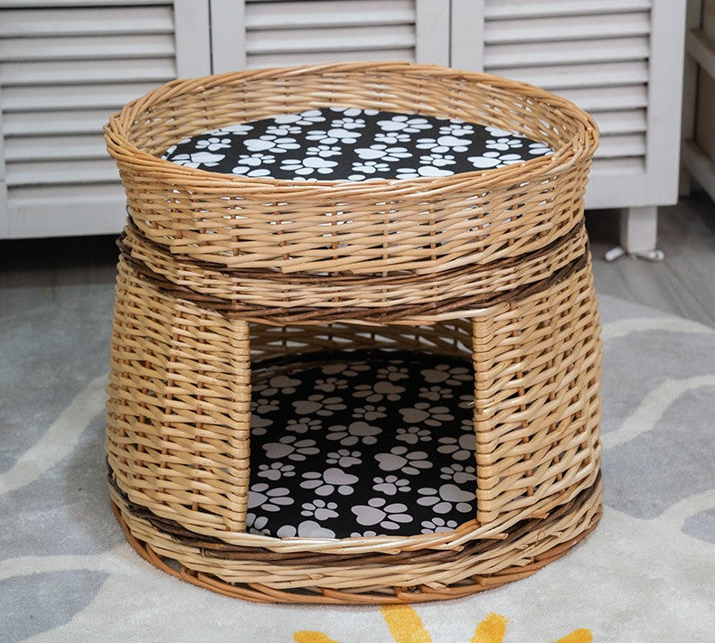 Large Double-Layer Cat Bed, Wicker Cat House Basket with Washable Cushion for Indoor Cats and Dogs-Grace Painting Crafts