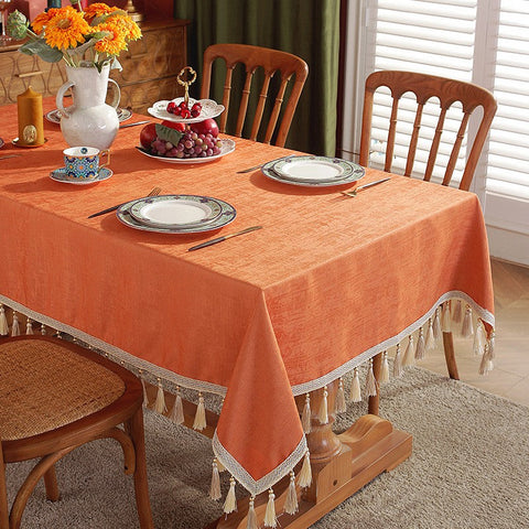 Modern Rectangle Tablecloth, Large Simple Table Cover for Dining Room Table, Orange Fringes Tablecloth for Home Decoration, Square Tablecloth for Round Table-Grace Painting Crafts