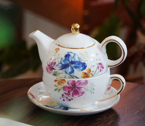 Ceramic Tea Pot with Integrated Cup, Stackable Teapot and Cup Set, Porcelain Teapot with Matching Cup and Saucer in Gift Box, Mother and Baby Teapot with Matching Saucer-Grace Painting Crafts