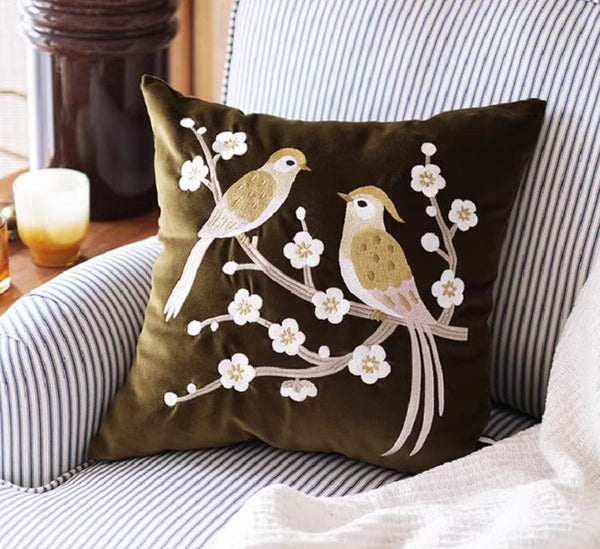 Embroidered birds cushion, Decorative Pillows for Couch, Vintage Decorative Pillows, Modern Throw Pillows for Bedroom, Decorative Pillow Arrangement Ideas for Couch-Grace Painting Crafts