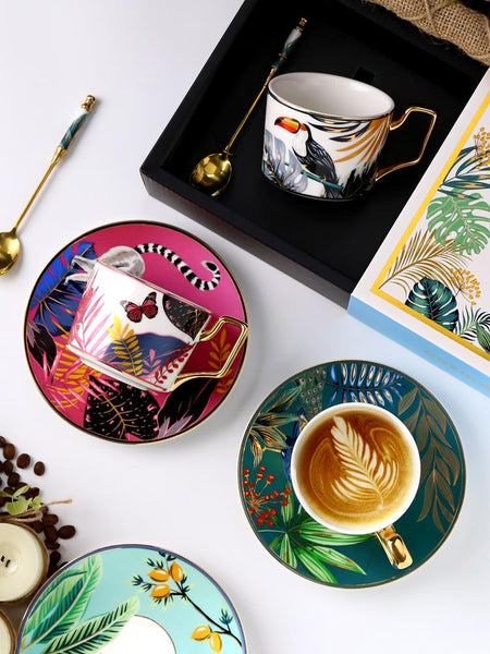 Coffee Cups with Gold Trim and Gift Box, Jungle Leopard Pattern Porcelain Coffee Cups, Tea Cups and Saucers-Grace Painting Crafts