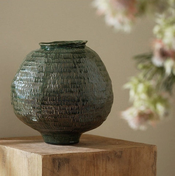 Large Contemporary Vases on Dining Table, Handmade Modern Flower Vase, Centerpiece Ceramic Bouquet Vases, Green Porcelain Vases for Modern Home Decor-Grace Painting Crafts