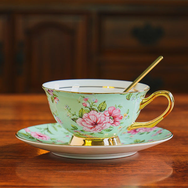 Floral Ceramic Coffee Cup with Saucer Set of 2 Cups, Creative Porcelain Tea Cup Saucer Set, 6.8 oz Tea Cup and Saucer in Gift Box, Beautiful British Tea Cup and Saucer-Grace Painting Crafts