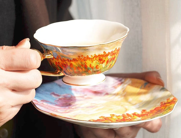 Elegant Ceramic Coffee Cups, Flower Field Vintage Porcelain Tea Cup Saucer Set, Unique British Tea Cup and Saucer in Gift Box, Royal Ceramic Cups-Grace Painting Crafts