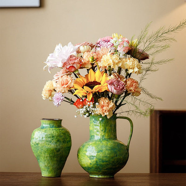 Centerpiece on Dining Table, Modern Pottery Flower Vases, Handmade Water Holding Flower Vases, Pottery Bud Vases, Large Green Flower Vases on Table-Grace Painting Crafts