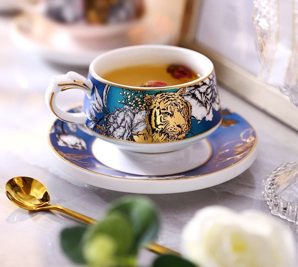 Unique Ceramic Cups with Gold Trim and Gift Box, Creative Ceramic Tea Cup and Saucer, Jungle Tiger Cheetah Porcelain Coffee Cups-Grace Painting Crafts
